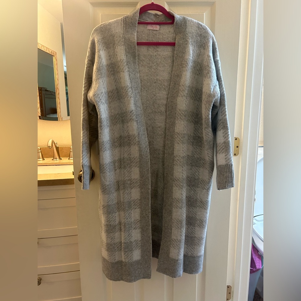 Pink lily gray checkered duster cardigan